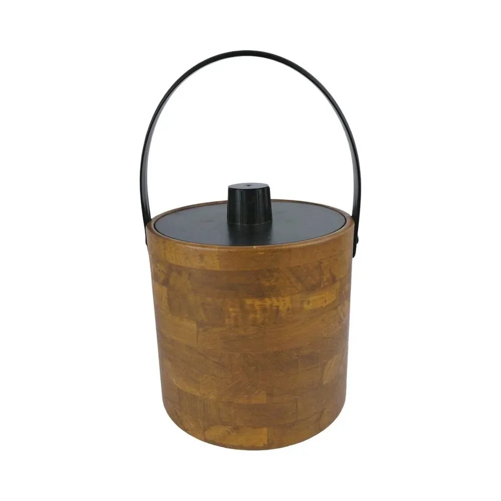 Irvinware Ice Bucket Wood Grain Brown  USA Vtg Retro 1970's MCM Mancave Barware